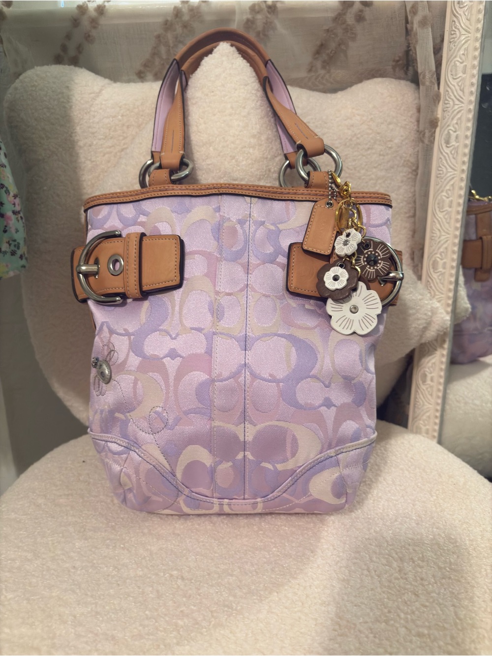Coach Ladybug Lilac Signature Canvas Shoulder Tote with Tan Leather Trim